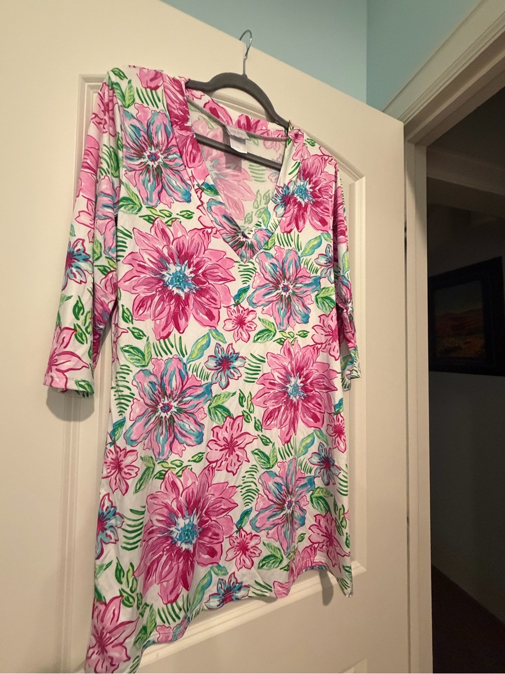 Floral V-Neck Swim Coverup Tunic - Pink Multicolor